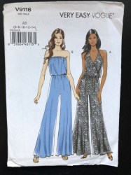 9116 Vogue Wide Leg Loose Mock Wrap Tied  or Strapless Jumpsuit Knit Pattern 14-22 Uncut